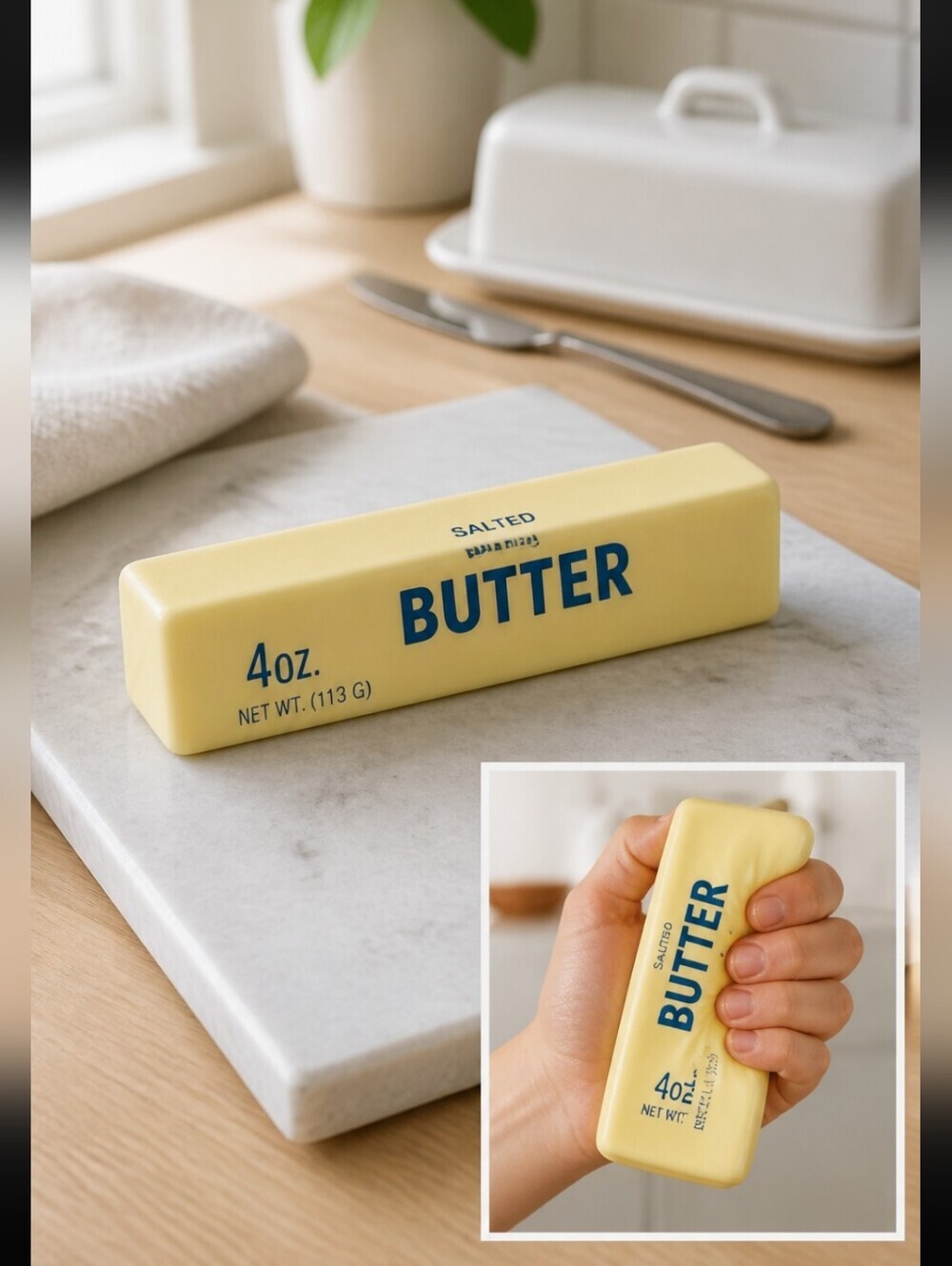 Salted Butter Squishy Toy - Yellow "BUTTER" Design